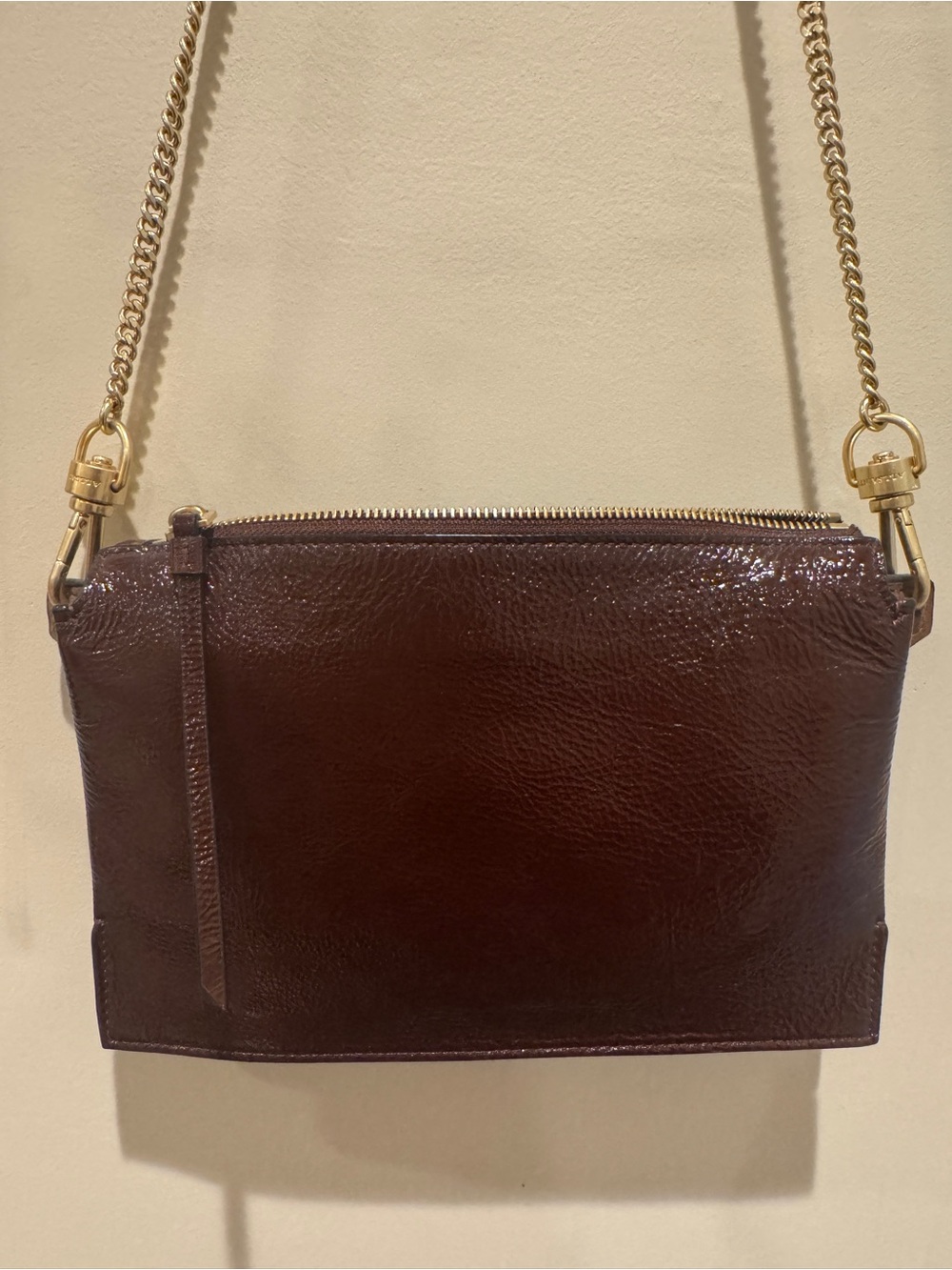All Saints Burgundy Patent Pebbled Leather Crossbody Bag w Gold Chain LIKE NEW